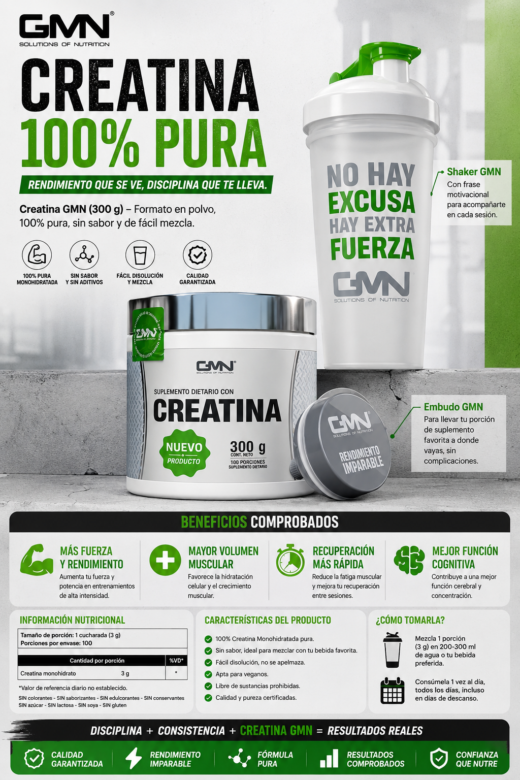 [Bajo-Pedido] Kit Creatina 100% Pura GMN 300g + Shaker + Embudo
